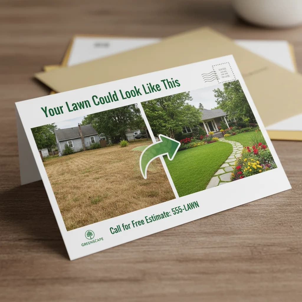 Sample personalized direct mail postcard showing before and after AI landscaping visualization sent to homeowners